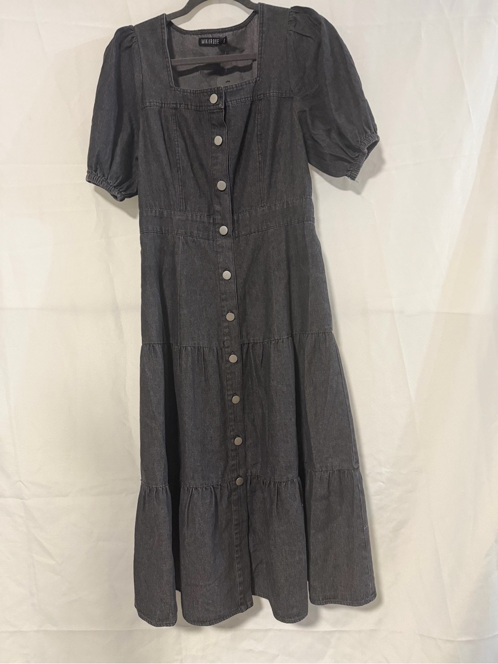 Mikarose Charcoal Button-Front Puff Sleeve Midi Dress